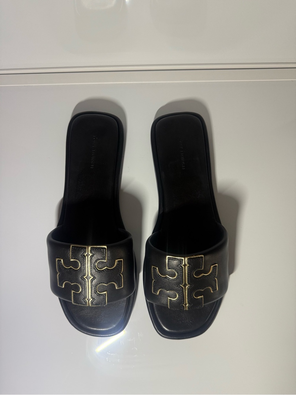 Tory Burch Black Leather Slide Mules with Gold Logo Embellishment size 9